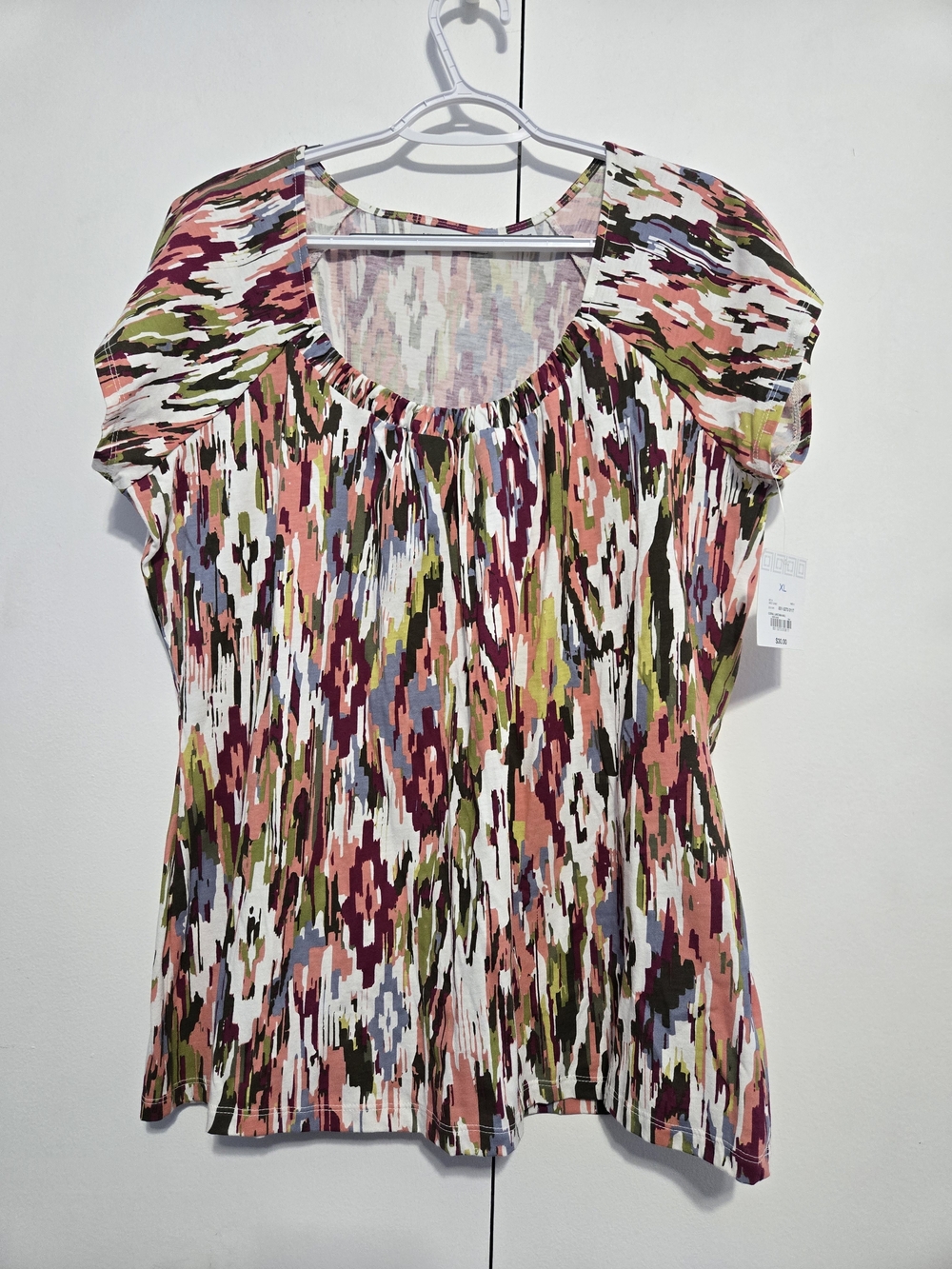 NWT Liz Claiborne XL Abstract Print Cotton Peasant Top Multicolor Short Sleeve